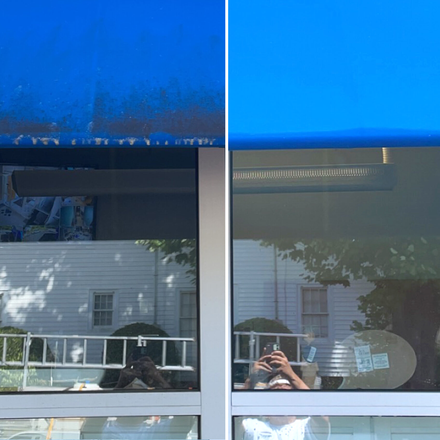Showcase of window awning before and after soft washing