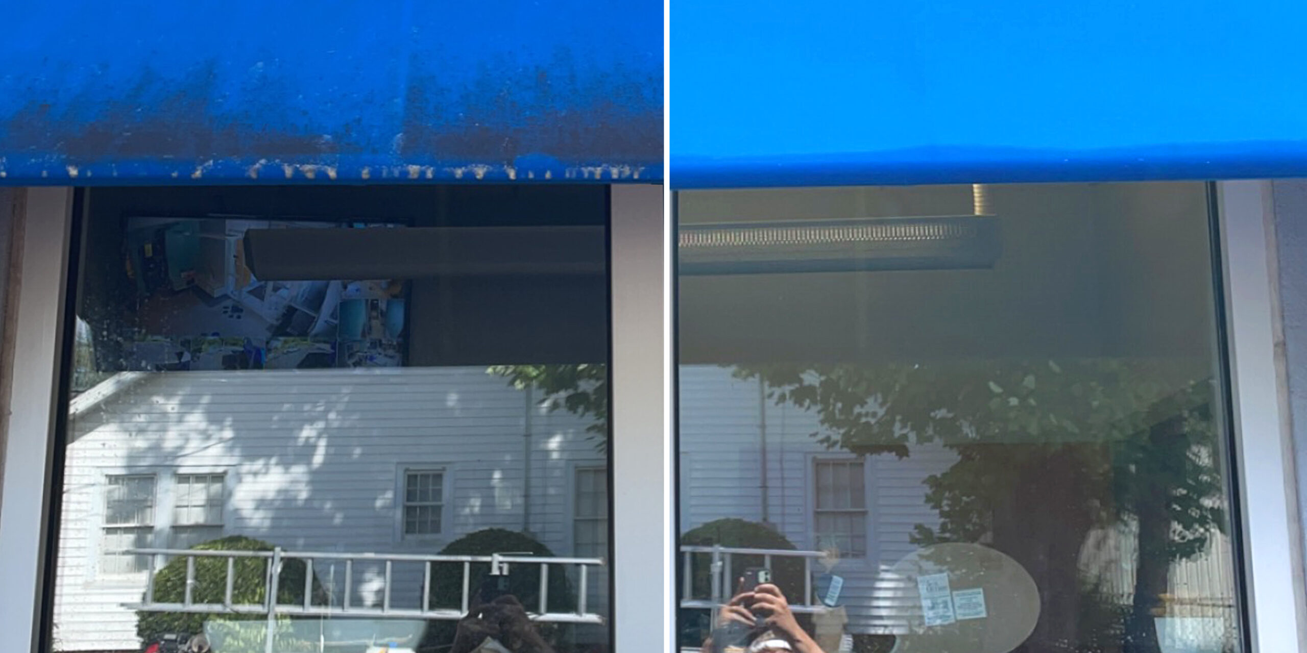 Showcase of window awning before and after soft washing