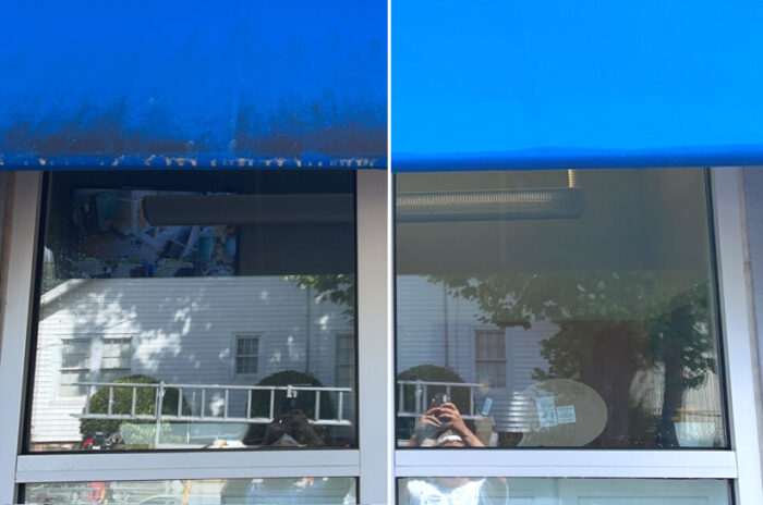 Showcase of window awning before and after soft washing