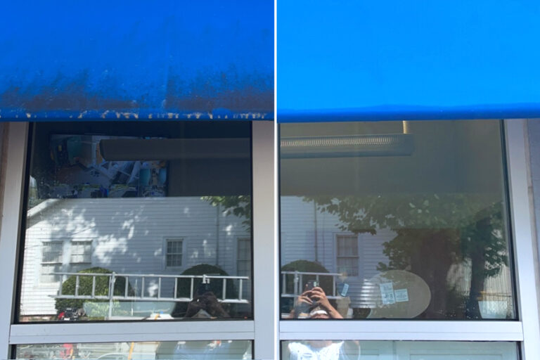 Showcase of window awning before and after soft washing