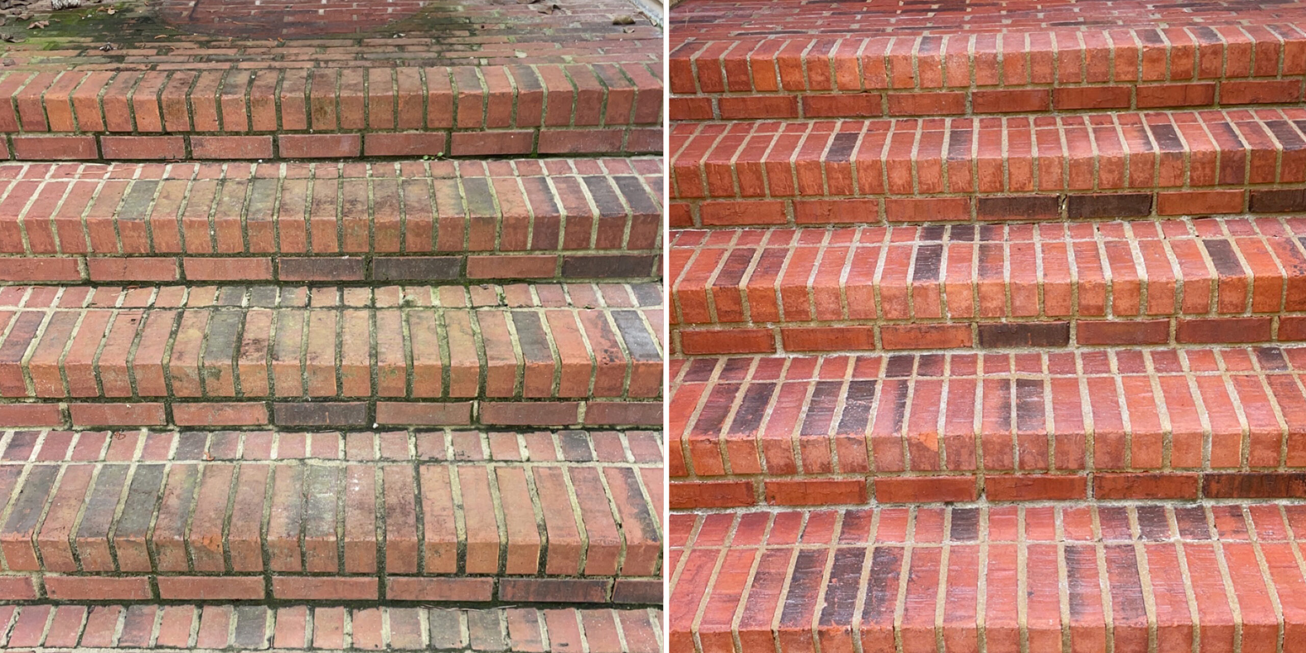 Showcase of brick stairs before and after soft washing