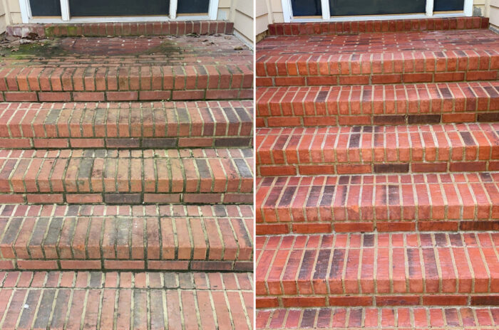 Showcase of brick stairs before and after soft washing
