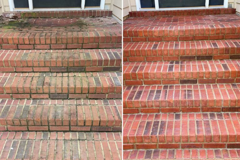 Showcase of brick stairs before and after soft washing