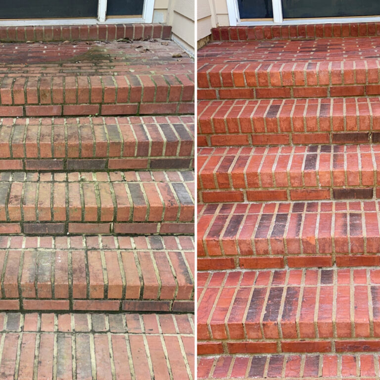 Showcase of brick stairs before and after soft washing
