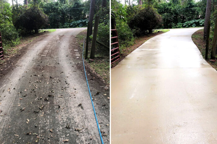 Concrete driveway before and after soft washing