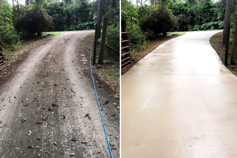 Concrete driveway before and after soft washing