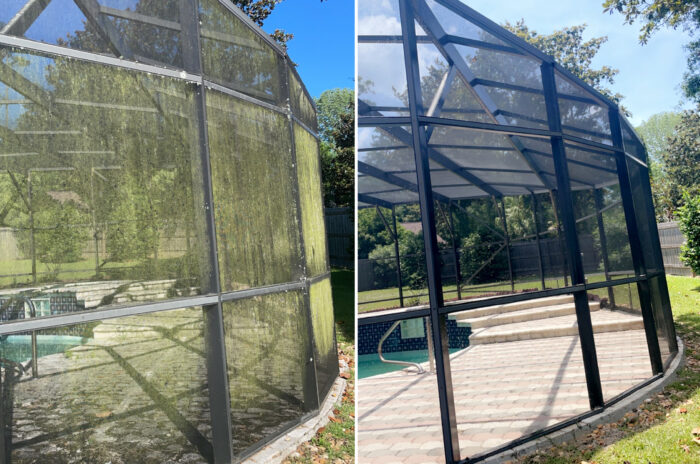 Pool enclosure before and after soft washing