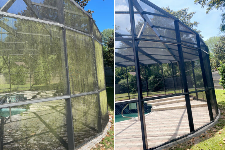 Pool enclosure before and after soft washing