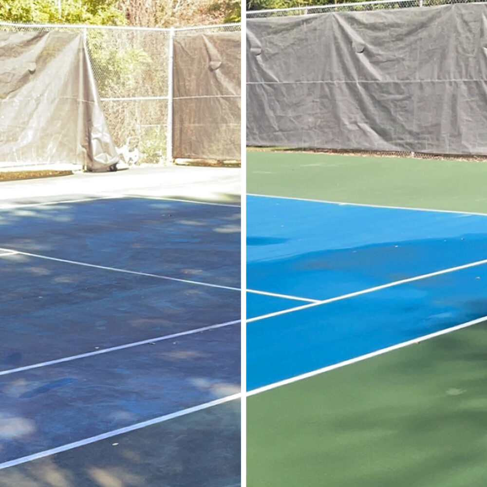 Showcase of tennis court before and after soft washing