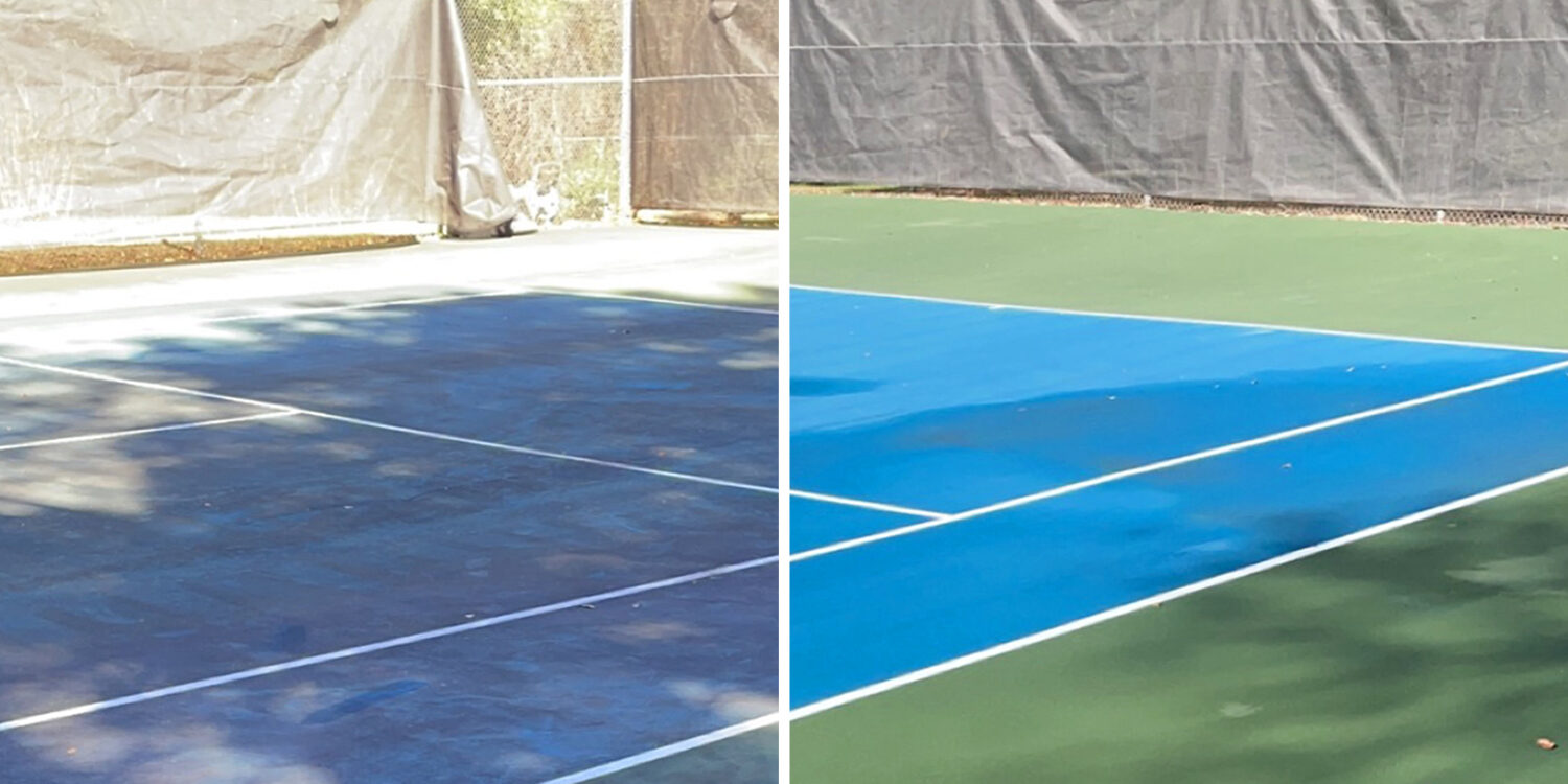 Showcase of tennis court before and after soft washing