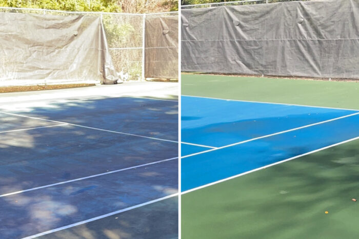 Showcase of tennis court before and after soft washing
